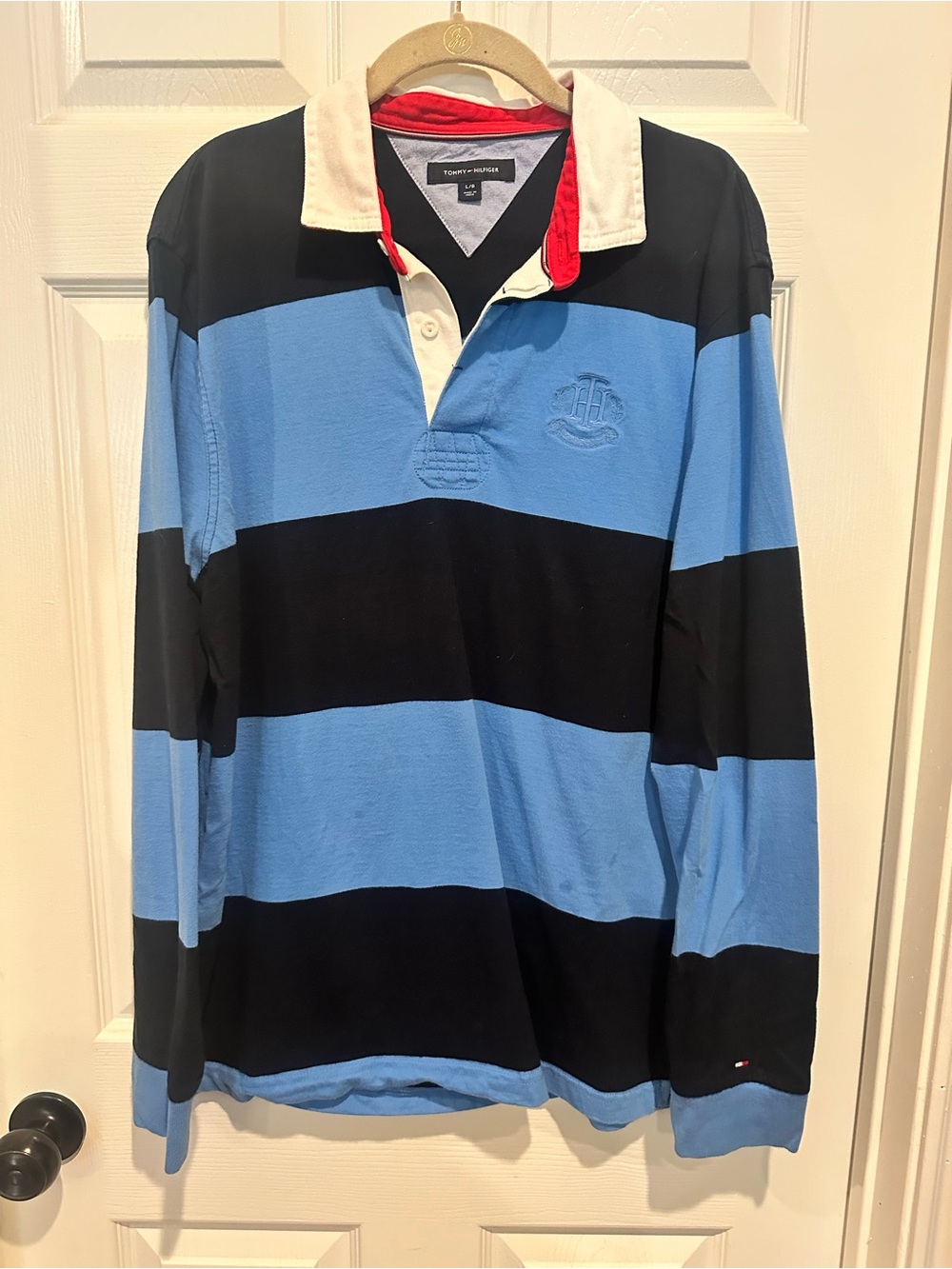Tommy Hilfiger Light Blue, Black & Cream Rugby Polo with Red Trim